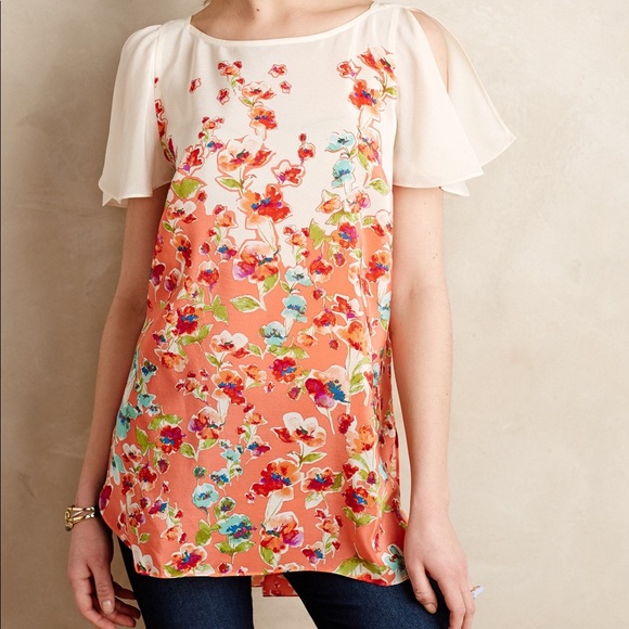 Anthropologie Tops - SOLD🚫Maeve Floral Coral Flutter Silk Blouse